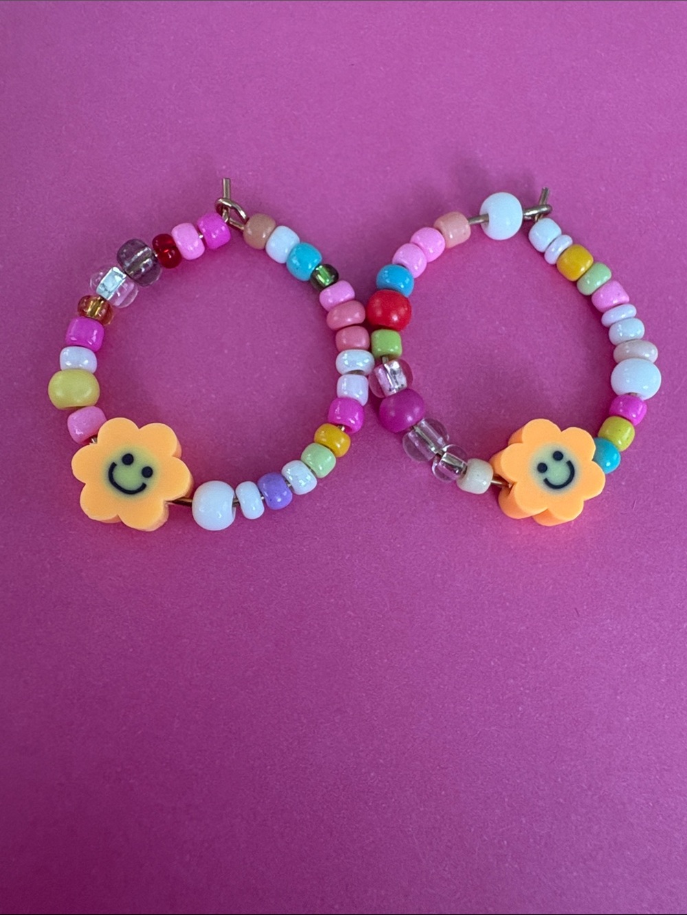 Beaded Flower Hoop Earrings - Pink Multicolor